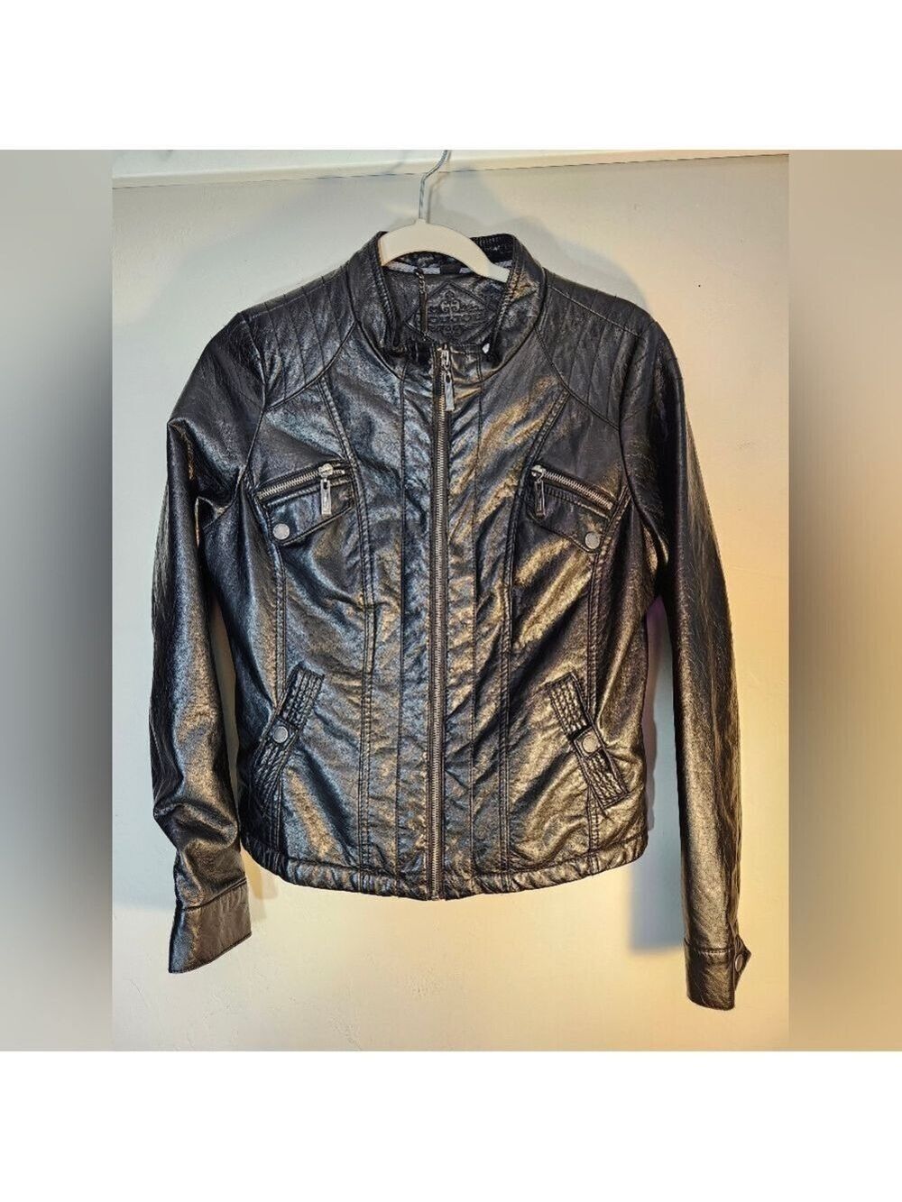 JouJou Moto Black Faux Leather Jacket Lined Sz M